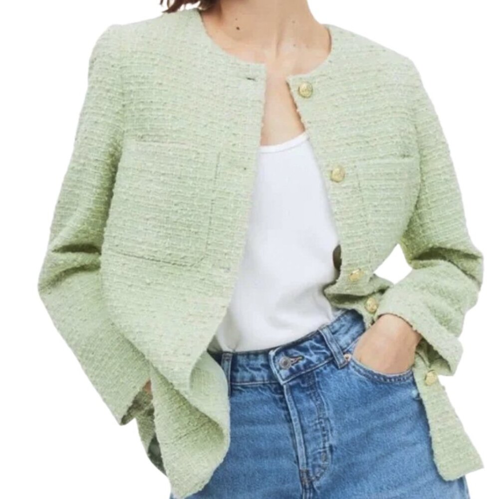 H&M Button Front Boucle Tweed Longline Lady Jacket in Pistachio Green Size S